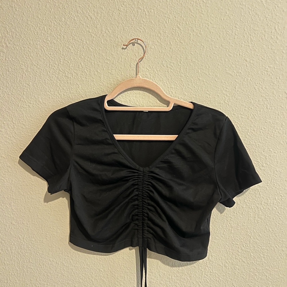 Black Ruched V-Neck Crop Top